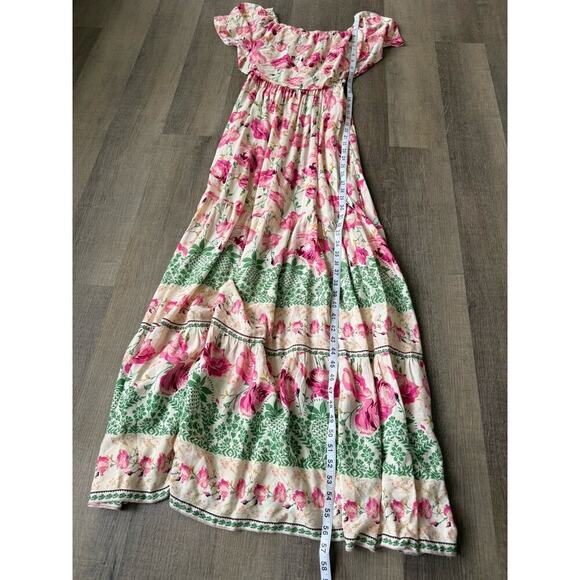 Aakaa Women's Formal Floral Smocked Off Shoulder Pink Roses Maxi Dress Sz Small - Picture 8 of 10